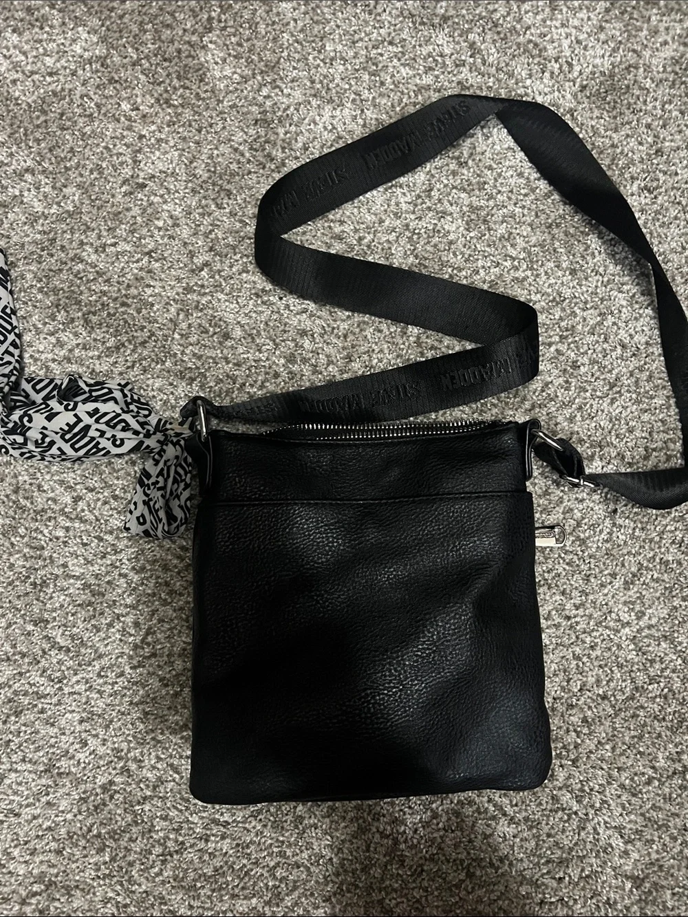 Steve Madden Black Quilted Messenger Crossbody with Logo Scarf